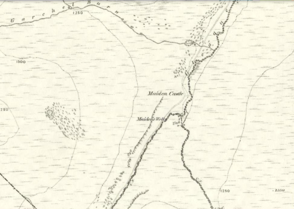1860 map showing Maiden Castle (and the Maiden's Well)