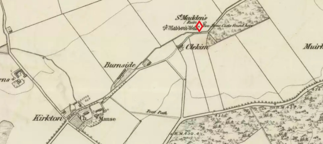 St. Madden's Well highlighted in red on the 1865 6" OS Map.