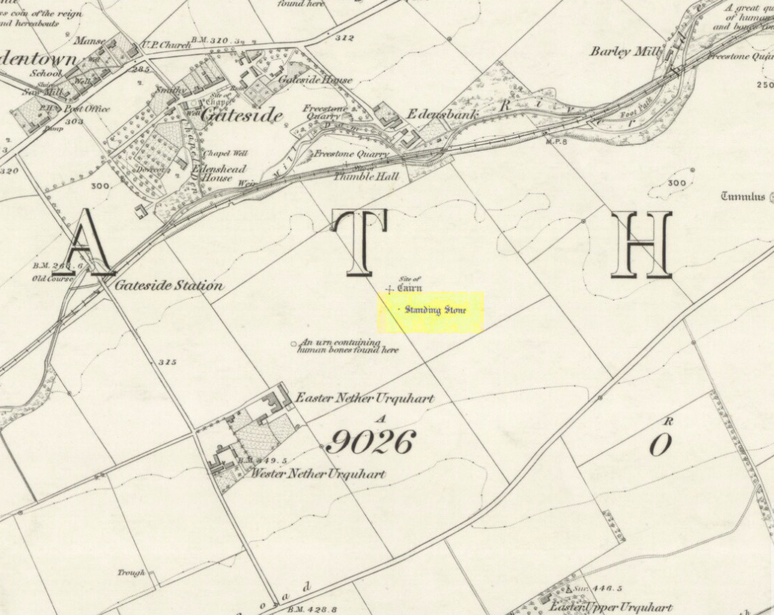 Remaining standing stone of Easter Nether Urqhart stone circle on 1856 map