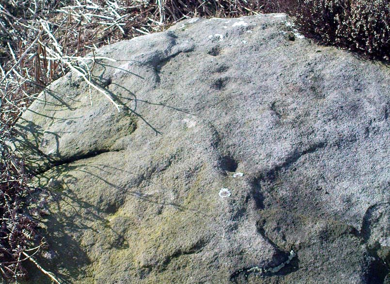 Line of cups on the Gill Head boulder